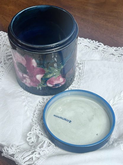 Vintage Moorcroft Anemone Lidded Jar, Cobalt Blue English Art Pottery