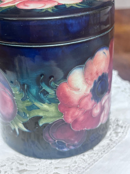 Vintage Moorcroft Anemone Lidded Jar, Cobalt Blue English Art Pottery