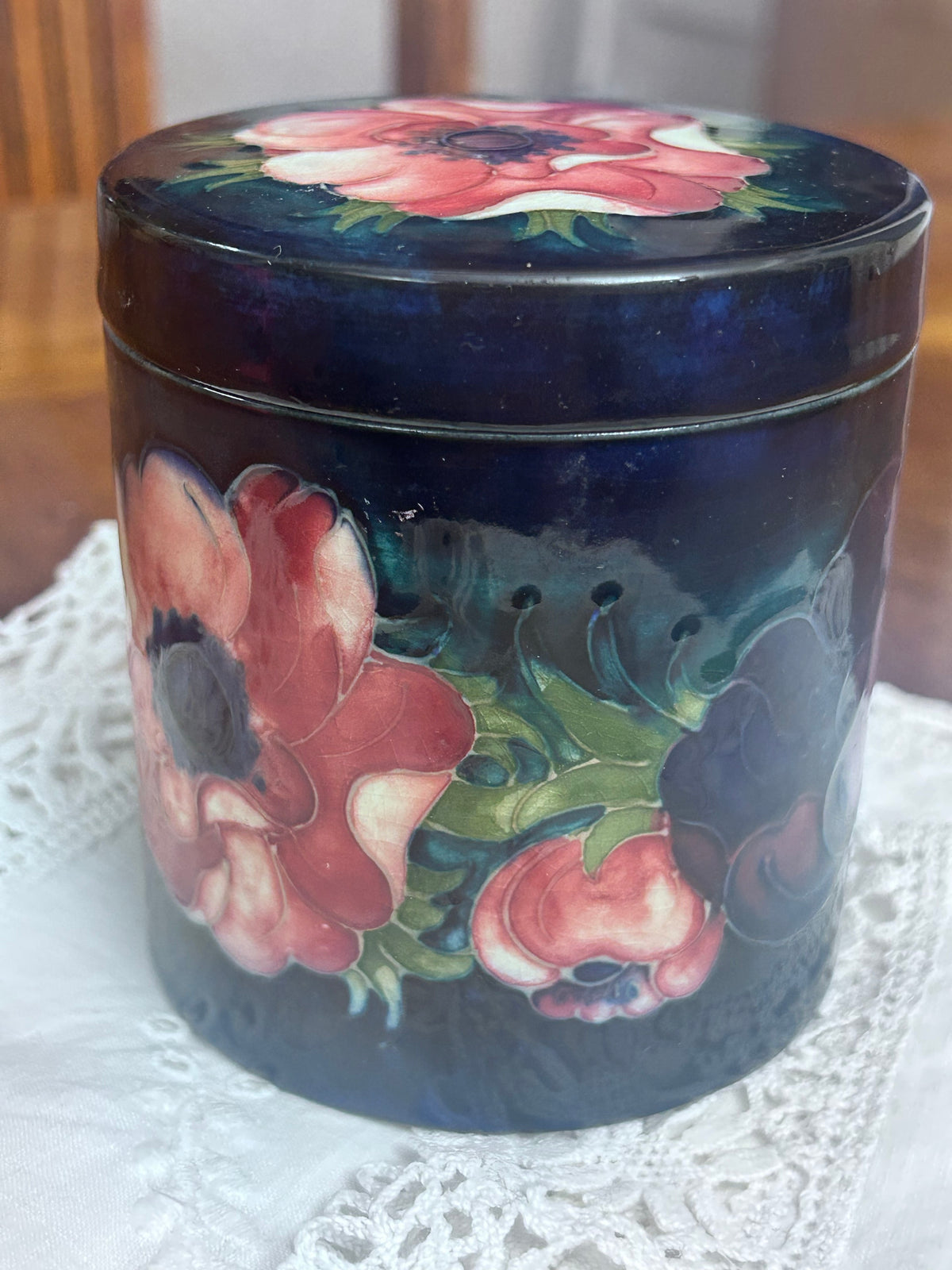 Vintage Moorcroft Anemone Lidded Jar, Cobalt Blue English Art Pottery