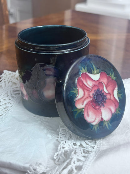 Vintage Moorcroft Anemone Lidded Jar, Cobalt Blue English Art Pottery