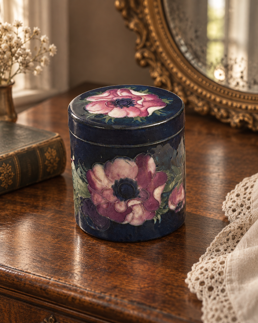 Vintage Moorcroft Anemone Lidded Jar, Cobalt Blue English Art Pottery