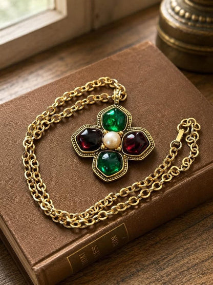 Yves Saint Laurent Vintage Poured Glass and Pearl Maltese Cross Pendant Necklace