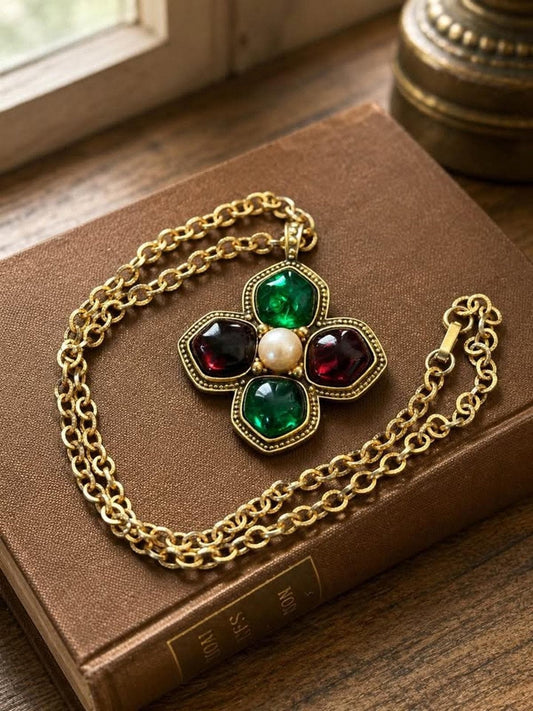 Yves Saint Laurent Vintage Poured Glass and Pearl Maltese Cross Pendant Necklace