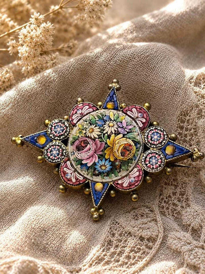 Antique Italian Grand Tour 800 Silver Fine Micro Mosaic Floral Brooch