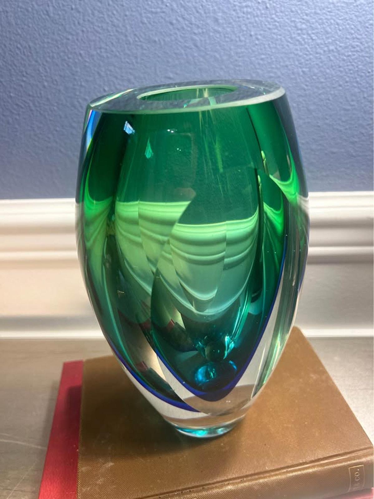 Vintage Heavy Sommerso Art Glass Vase with Polished Optic Lenses Green and Blue