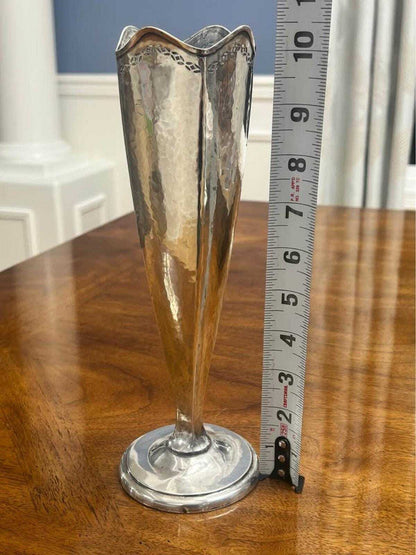 Antique Watson Company Hammered Sterling Silver Paneled Vase Pierced Rim 10"