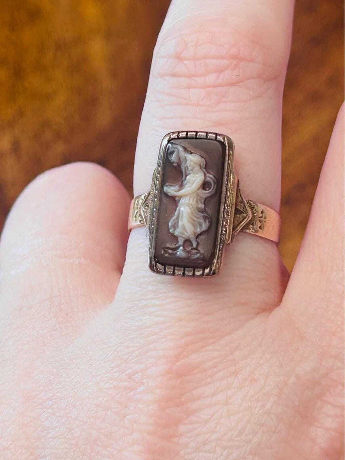 Antique 10K Gold Art Deco Hardstone Cameo Ring Carved Maiden Size 8
