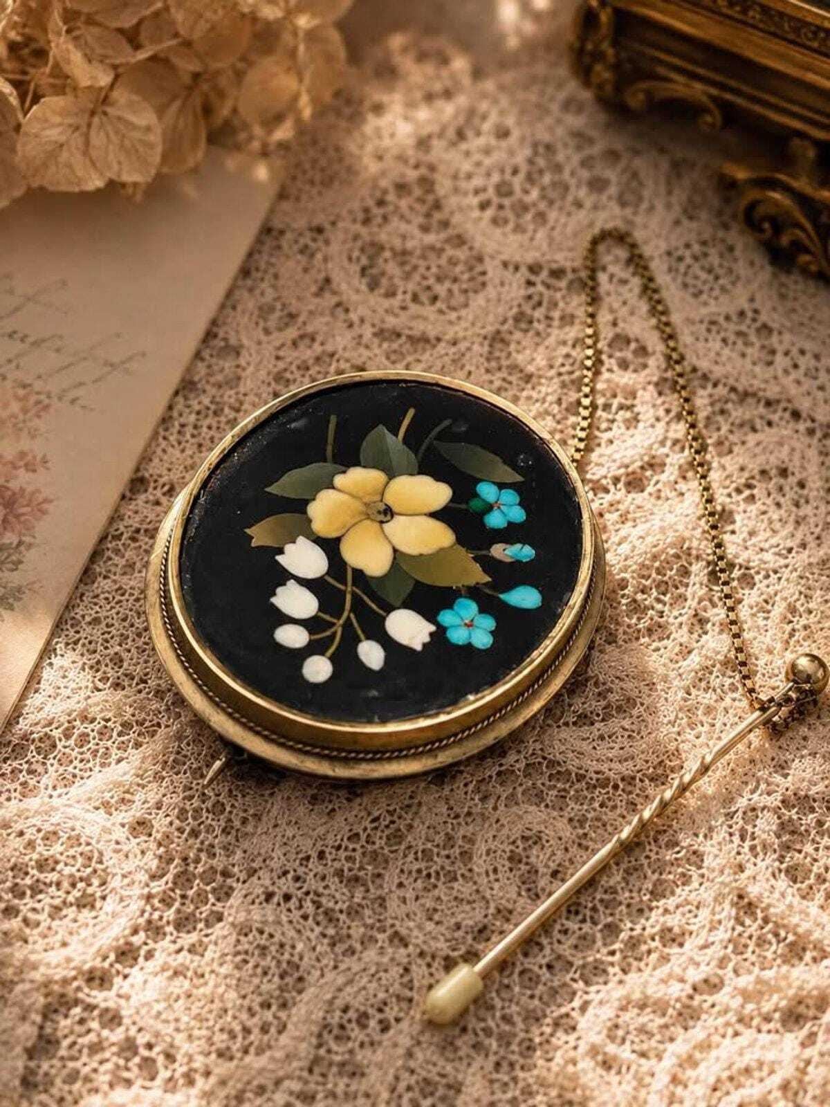 Antique 14k Gold Italian Pietra Dura Floral Mosaic Brooch with Safety Chain