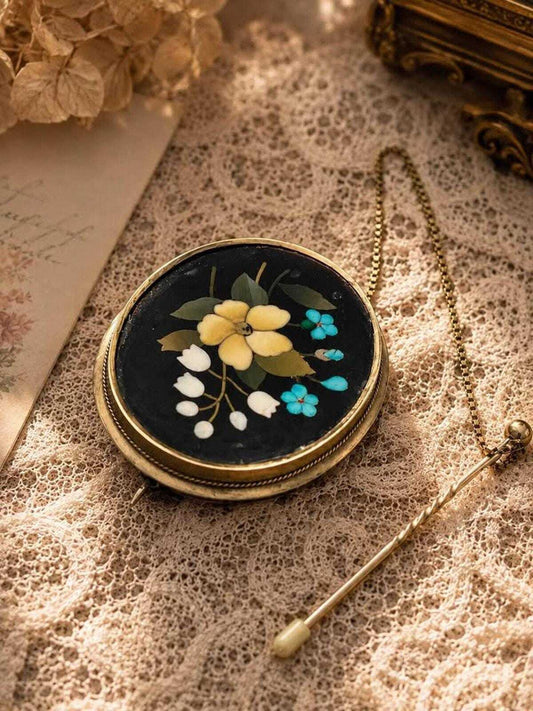 Antique 14k Gold Italian Pietra Dura Floral Mosaic Brooch with Safety Chain