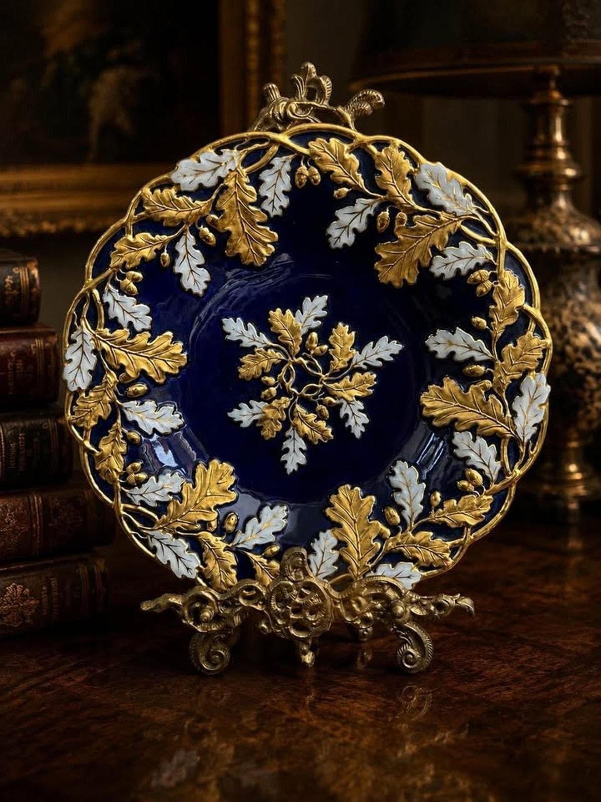Antique Meissen Porcelain Cabinet Plate, Cobalt Blue with Heavy Gold Oak Leaf Relief (1924-1934)