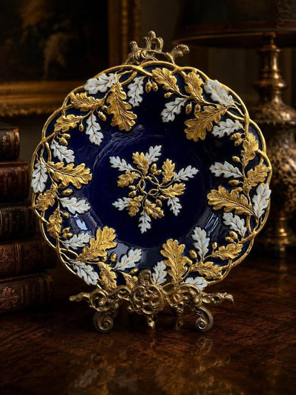 Antique Meissen Porcelain Cabinet Plate, Cobalt Blue with Heavy Gold Oak Leaf Relief (1924-1934)