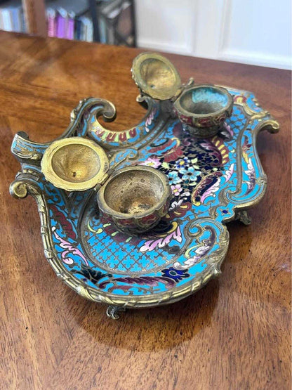 Antique French Champlevé Enamel Brass Double Inkwell