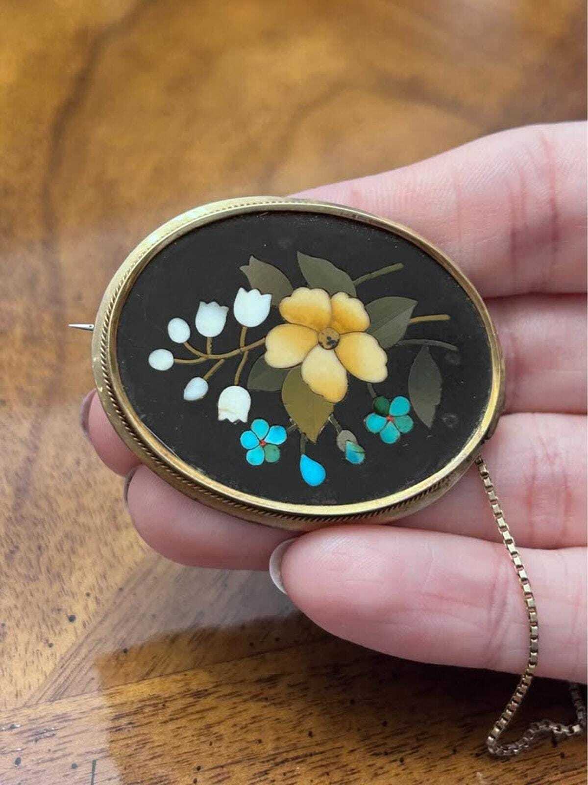 Antique 14k Gold Italian Pietra Dura Floral Mosaic Brooch with Safety Chain