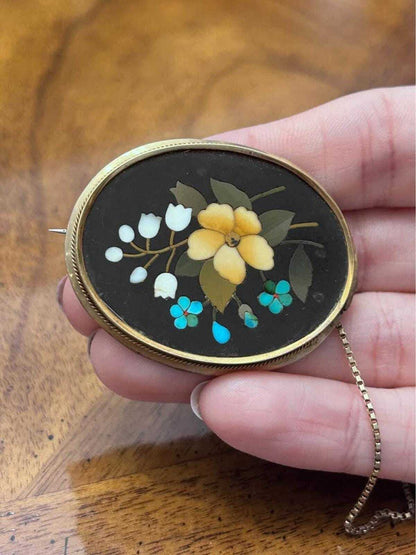 Antique 14k Gold Italian Pietra Dura Floral Mosaic Brooch with Safety Chain