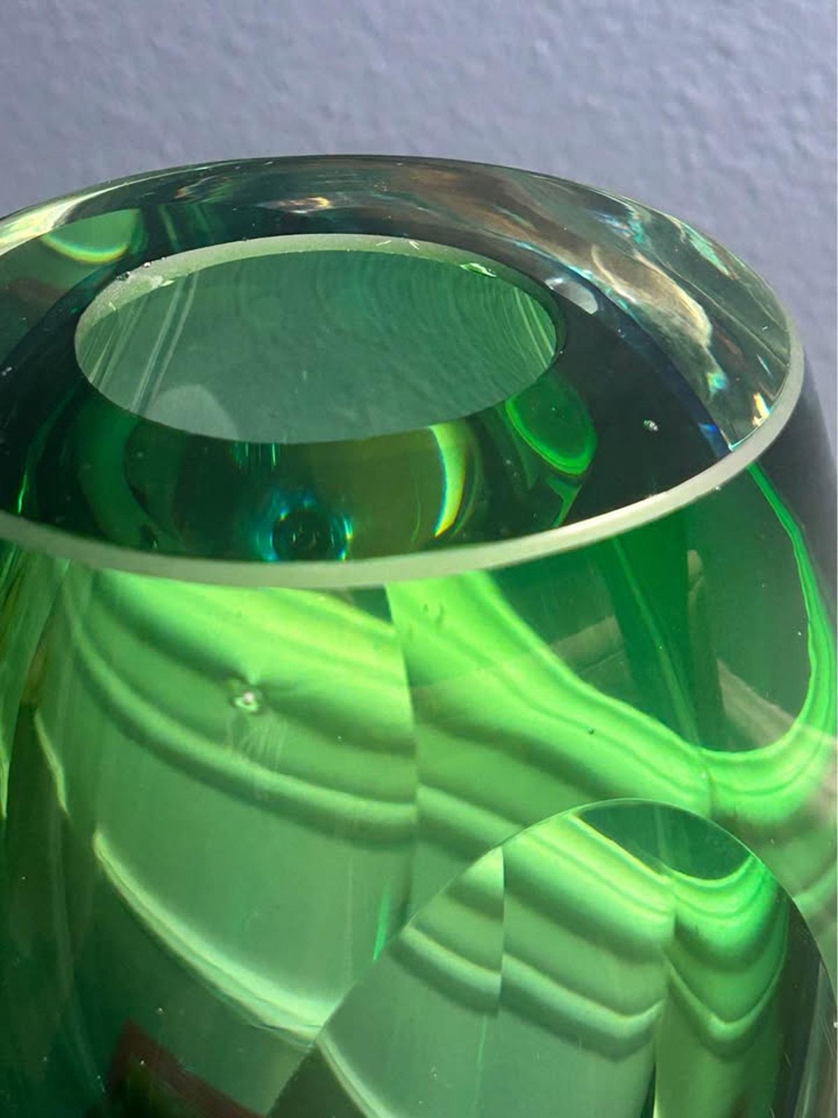 Vintage Heavy Sommerso Art Glass Vase with Polished Optic Lenses Green and Blue