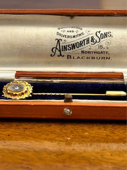 Antique Victorian 15ct Gold Diamond Stick Pin in Original Ainsworth & Sons Box