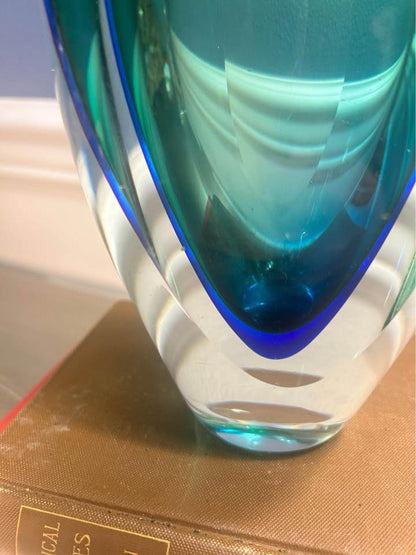 Vintage Heavy Sommerso Art Glass Vase with Polished Optic Lenses Green and Blue