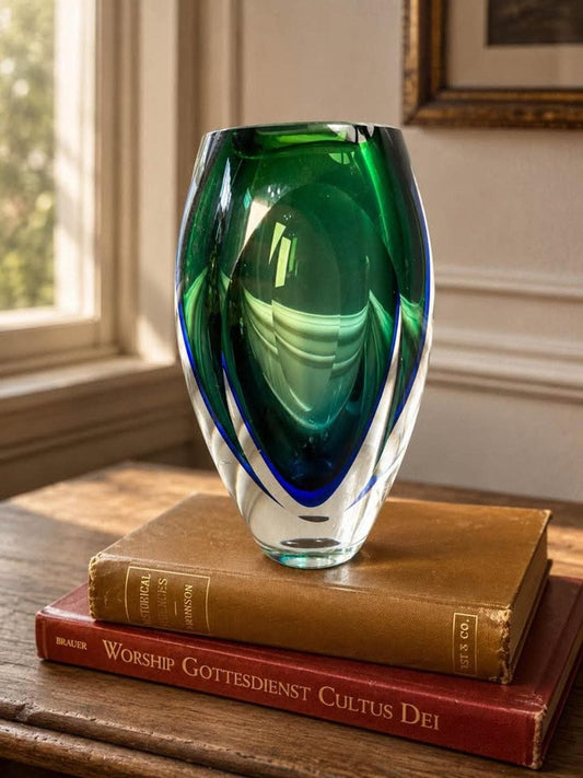 Vintage Heavy Sommerso Art Glass Vase with Polished Optic Lenses Green and Blue