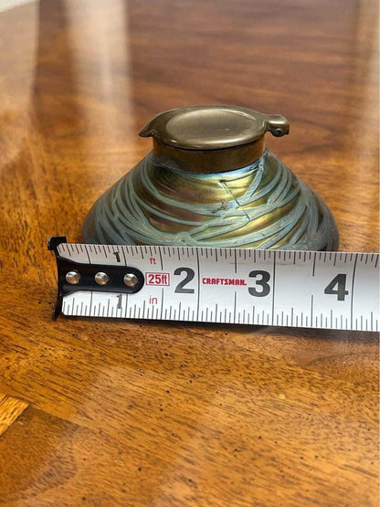 Antique Wilhelm Kralik Sohn Iridescent Art Glass Inkwell Art Nouveau Brass Lid