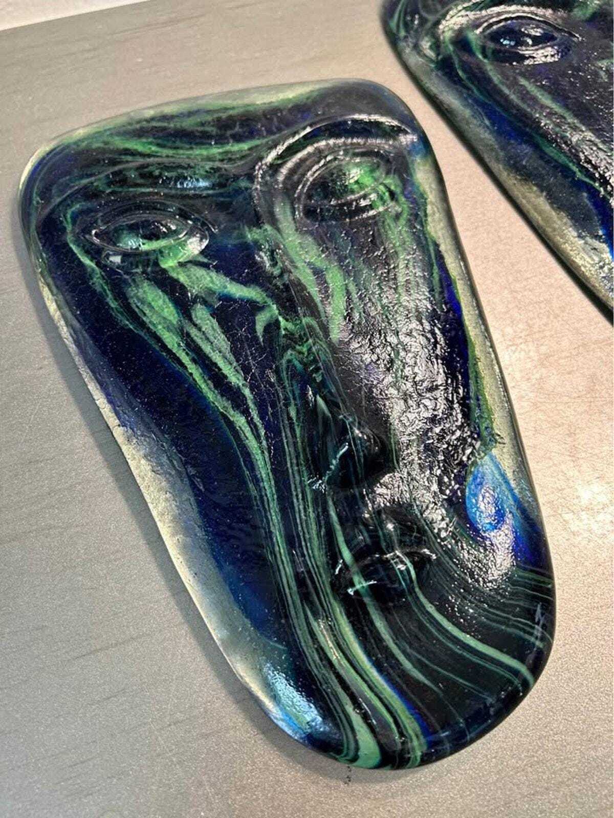 Kosta Boda Kjell Engman Art Glass Face Masks - Blue & Green - Pair