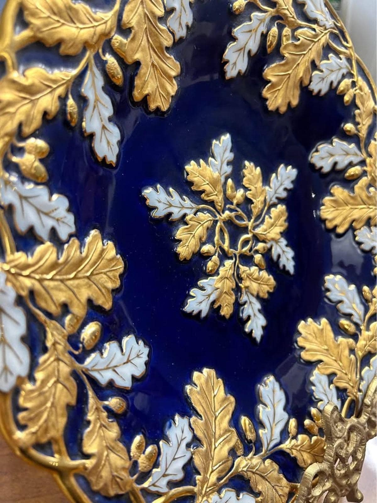 Antique Meissen Porcelain Cabinet Plate, Cobalt Blue with Heavy Gold Oak Leaf Relief (1924-1934)