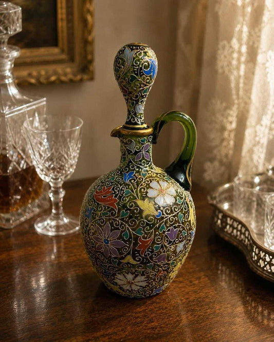 Antique Bohemian Enameled Green Glass Decanter Pitcher