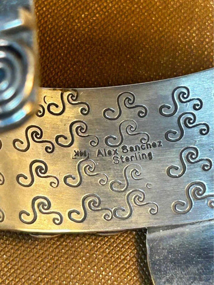 Vintage Alex Sanchez Navajo Sterling Silver 14K Gold Turquoise Petroglyph Cuff