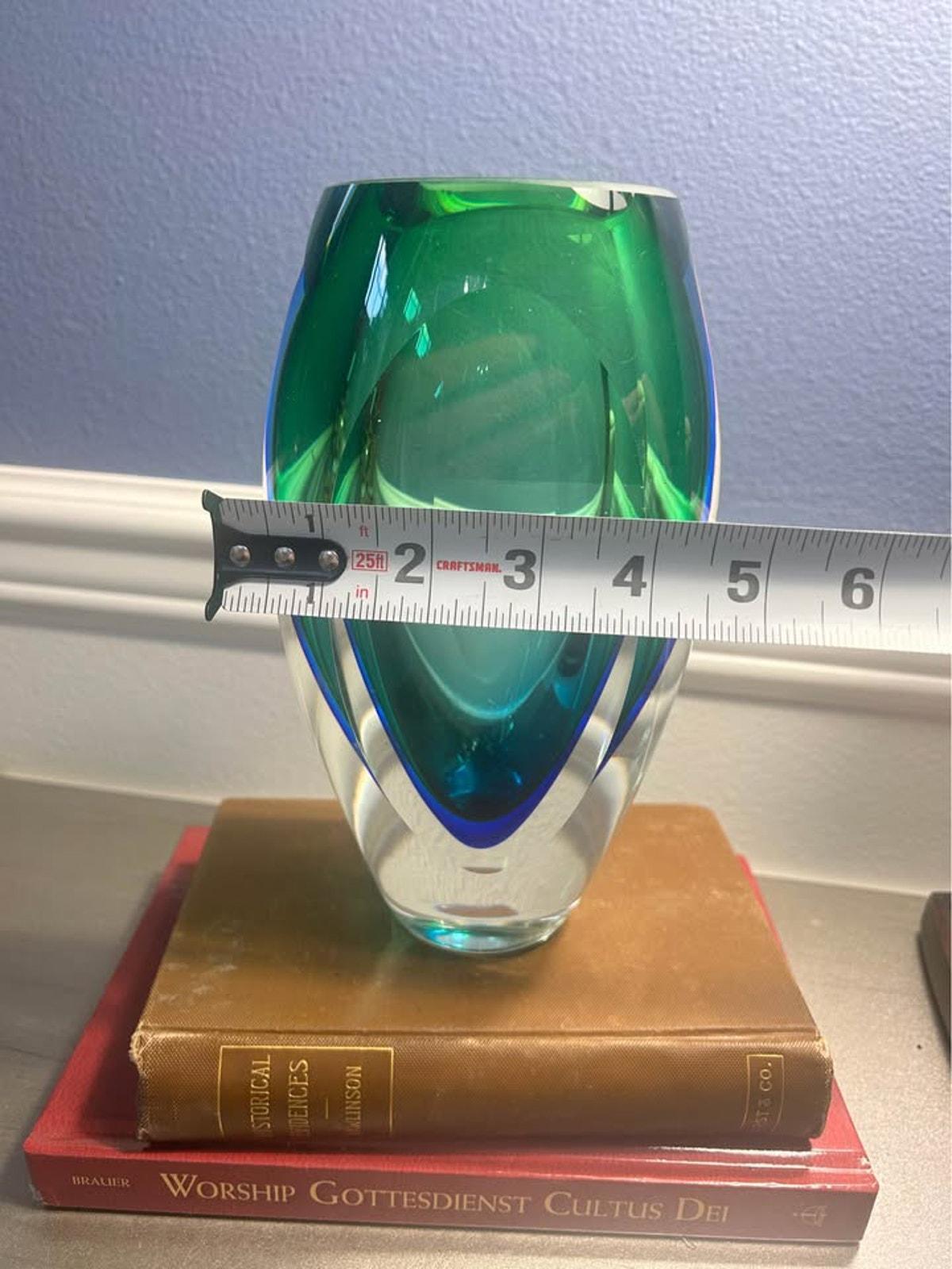 Vintage Heavy Sommerso Art Glass Vase with Polished Optic Lenses Green and Blue