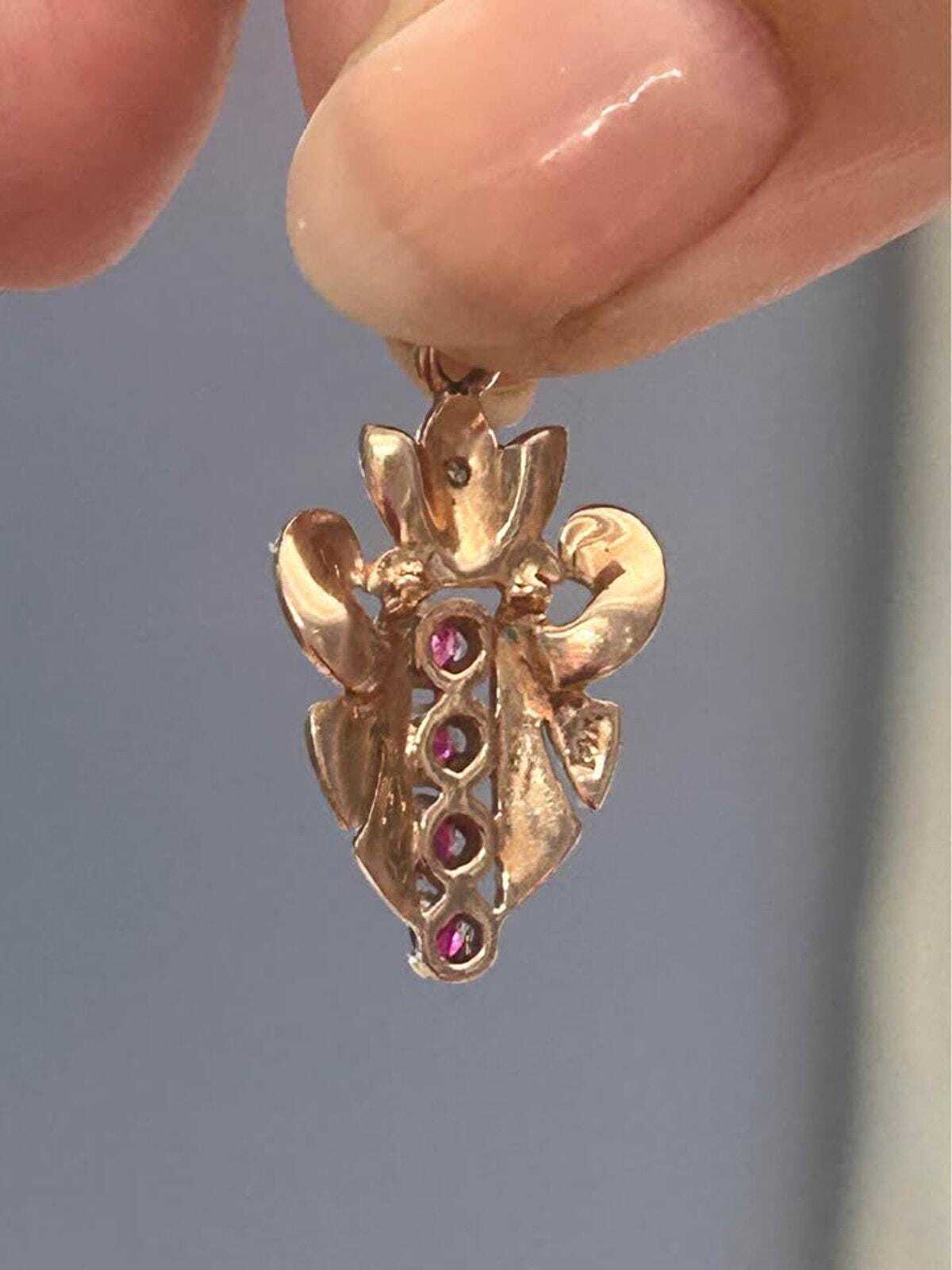 Vintage 14k Yellow Gold Pink Topaz and Diamond Leaf Motif Pendant
