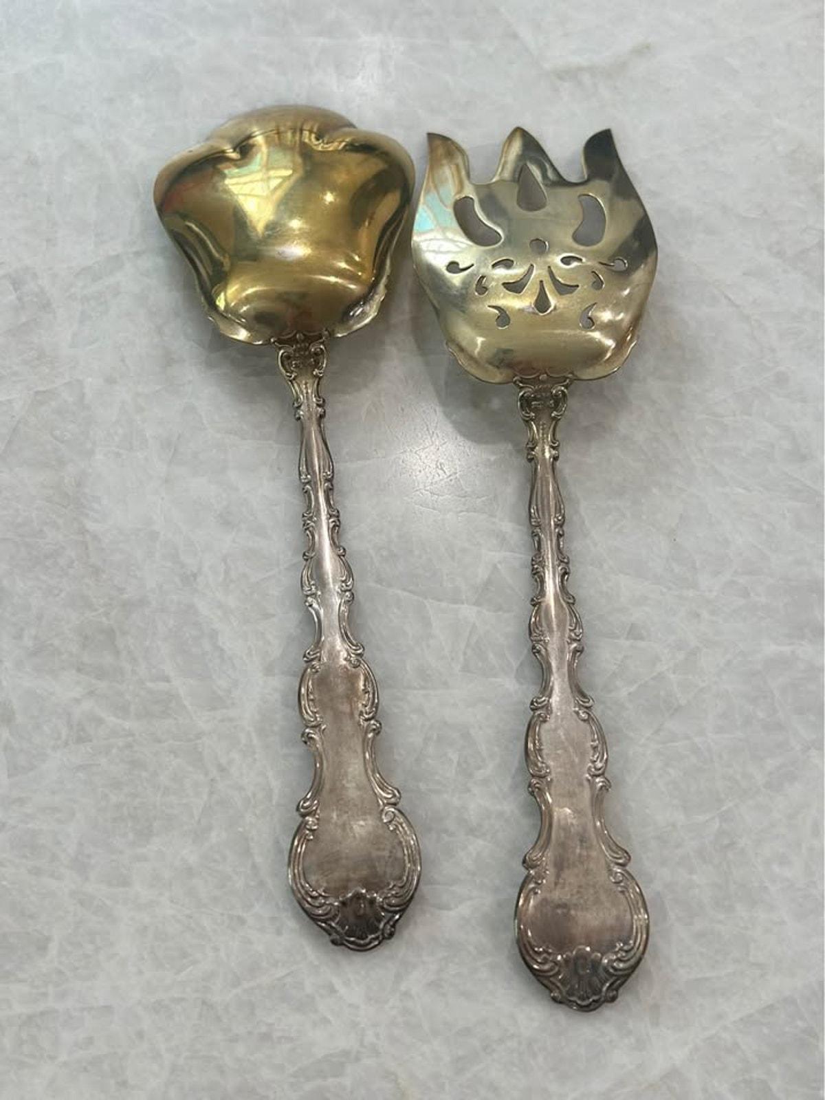 Antique Gorham Strasbourg Sterling Silver Vermeil Salad Serving Set