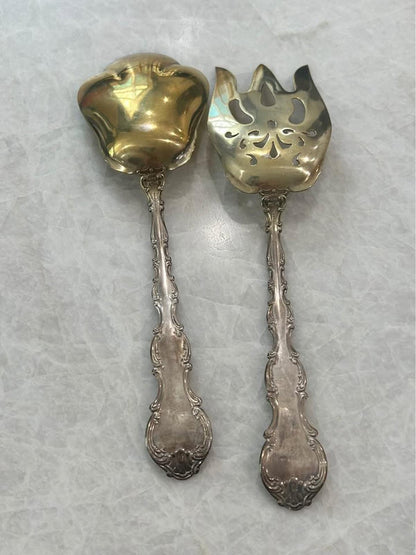 Antique Gorham Strasbourg Sterling Silver Vermeil Salad Serving Set