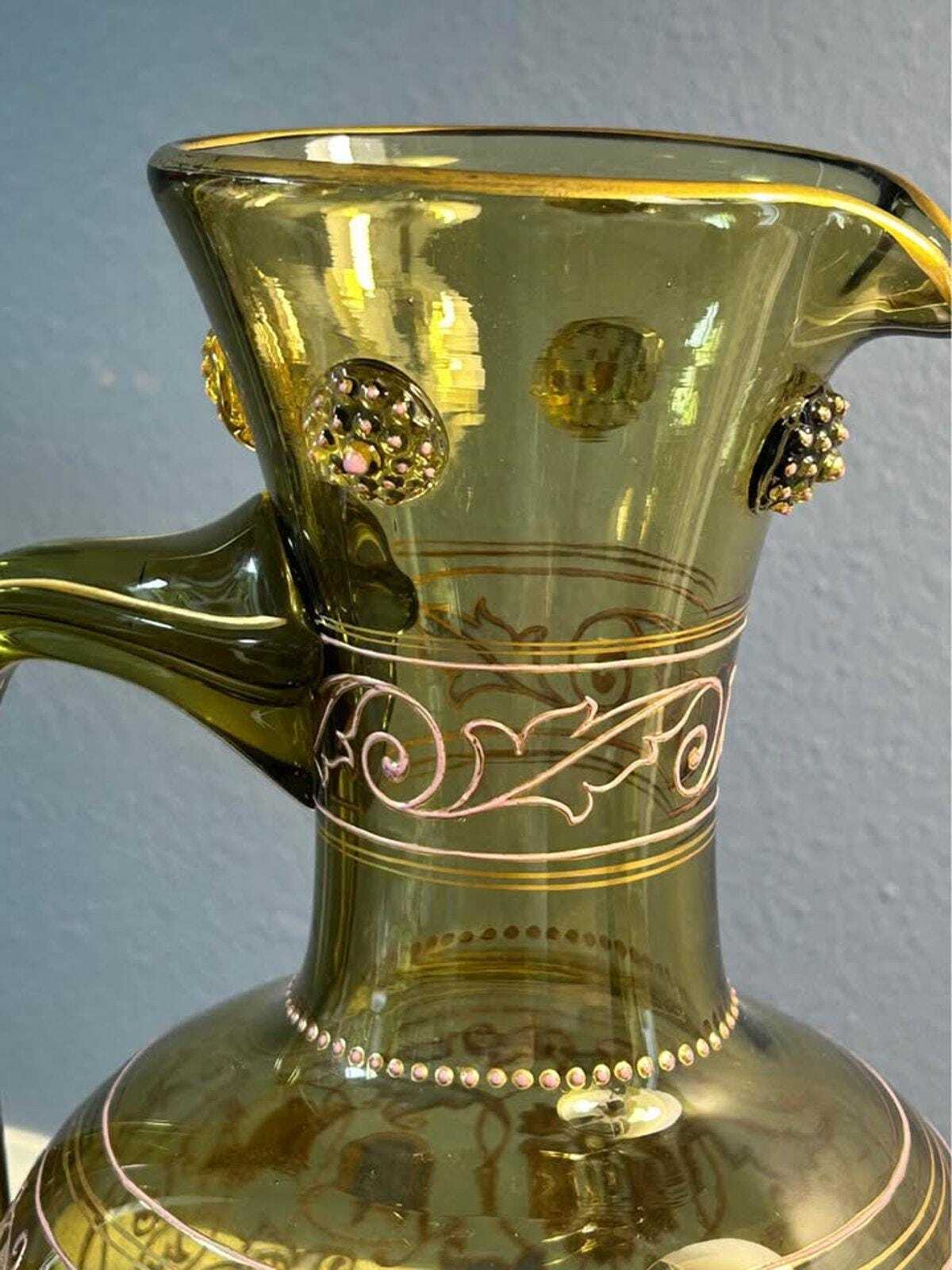 Antique Fritz Heckert Bohemian Art Glass Jeweled Ewer Pitcher
