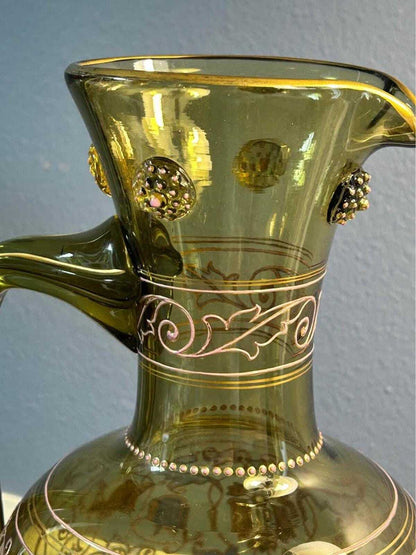 Antique Fritz Heckert Bohemian Art Glass Jeweled Ewer Pitcher