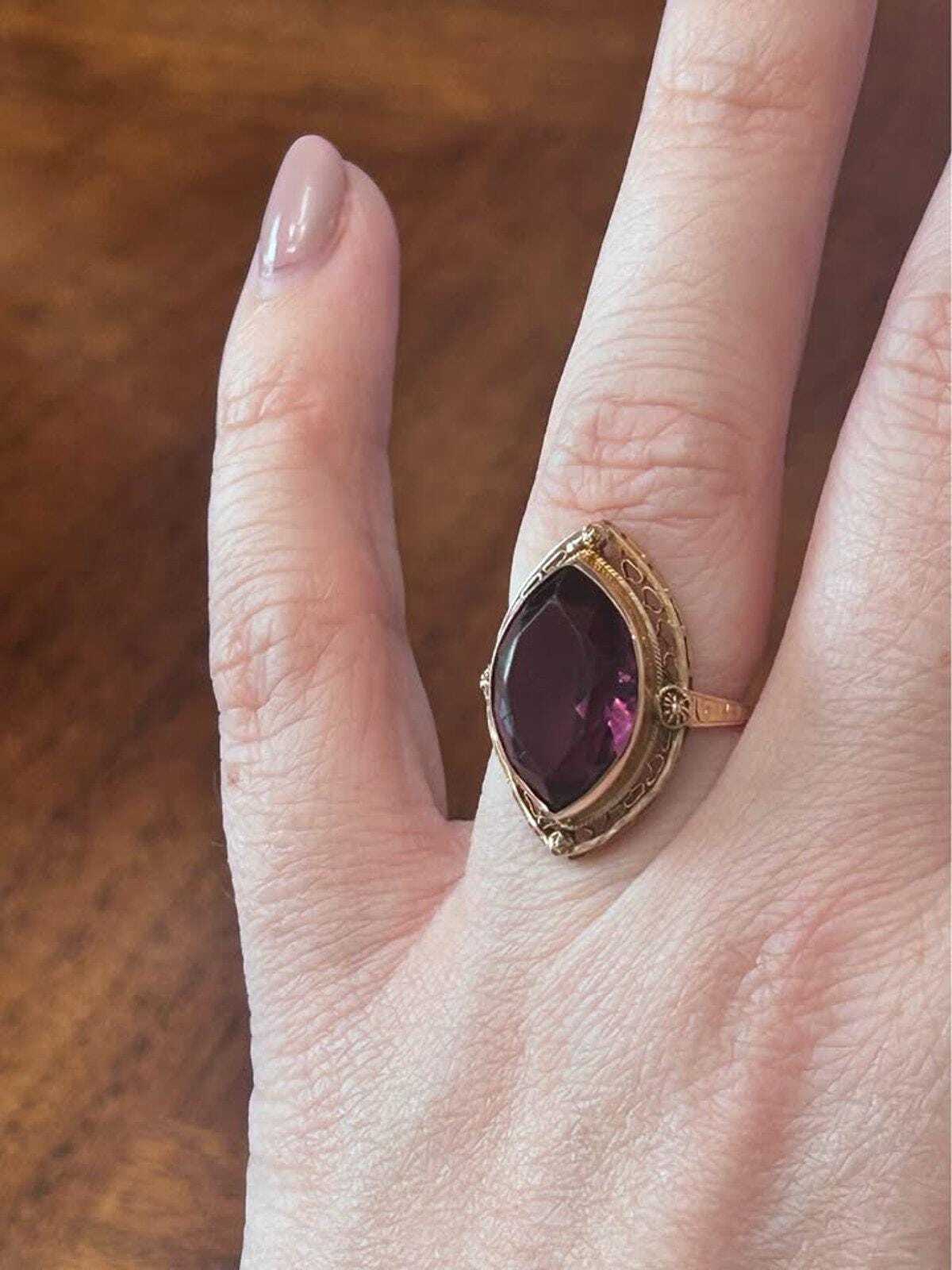Antique Art Deco 10K Gold Navette Amethyst Filigree Statement Ring - size 4