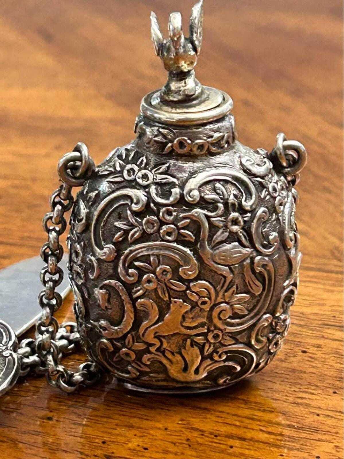 Antique Ornate Sterling Silver Chatelaine Scent Bottle With Swan Finial And Repousse Motif