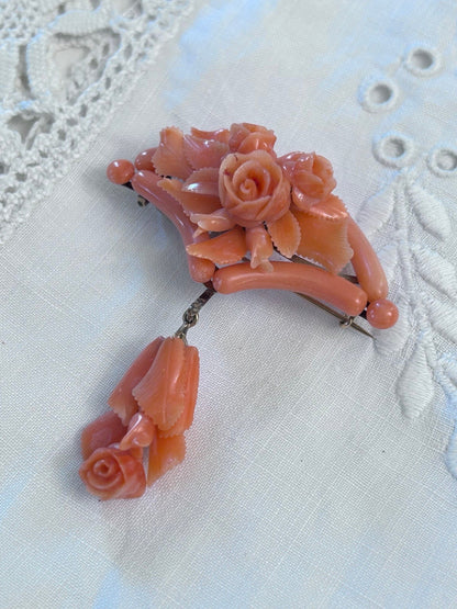 Victorian Carved Coral & 14K Gold Brooch and Earrings