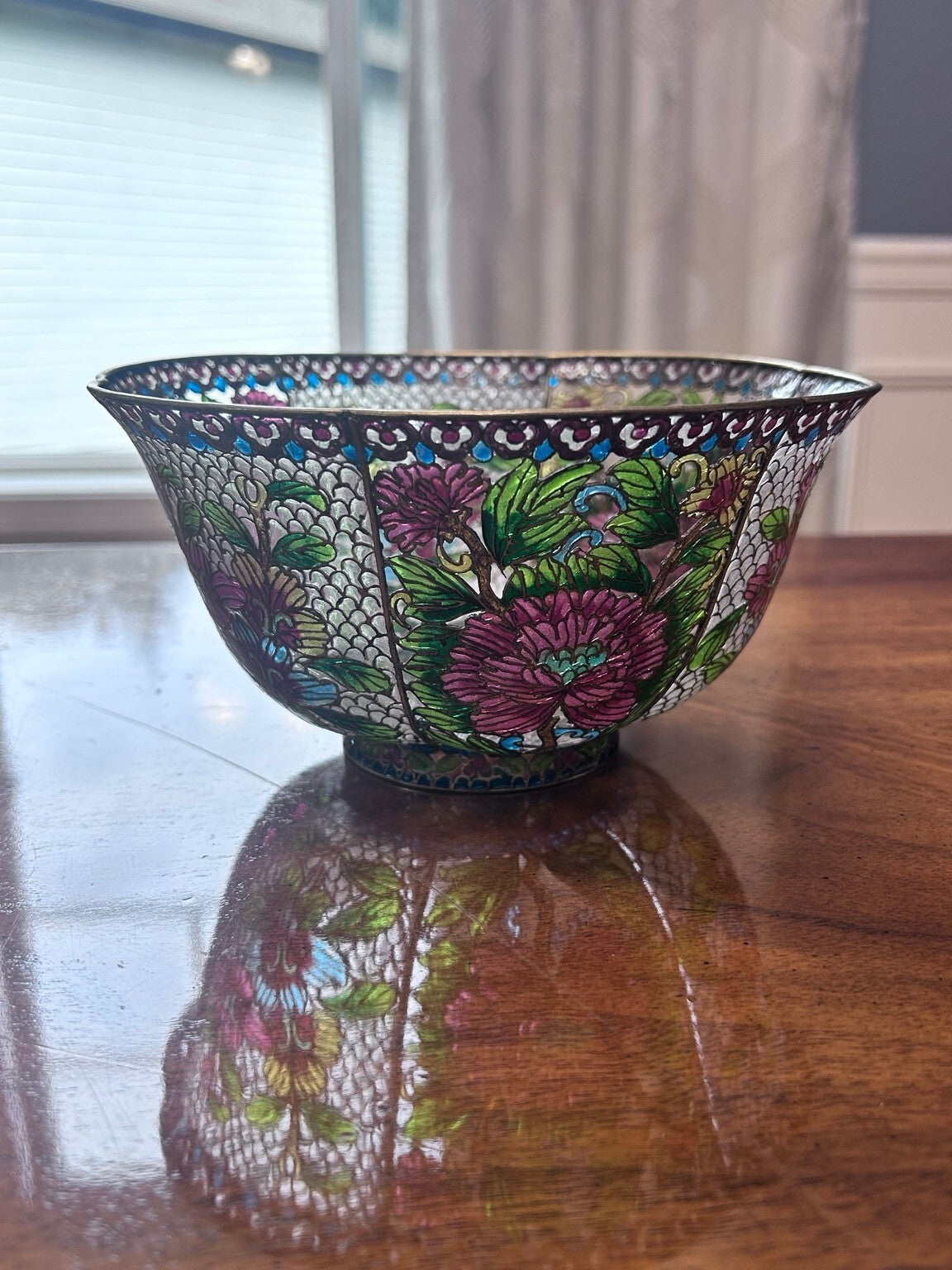 Vintage Chinese Plique-à-Jour Cloisonné Enamel Bowl, Large Floral Openwork