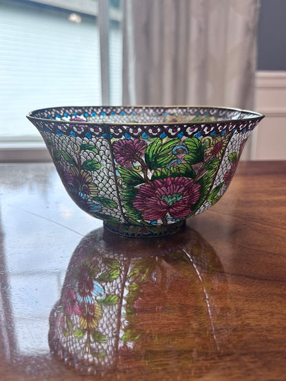 Vintage Chinese Plique-à-Jour Cloisonné Enamel Bowl, Large Floral Openwork