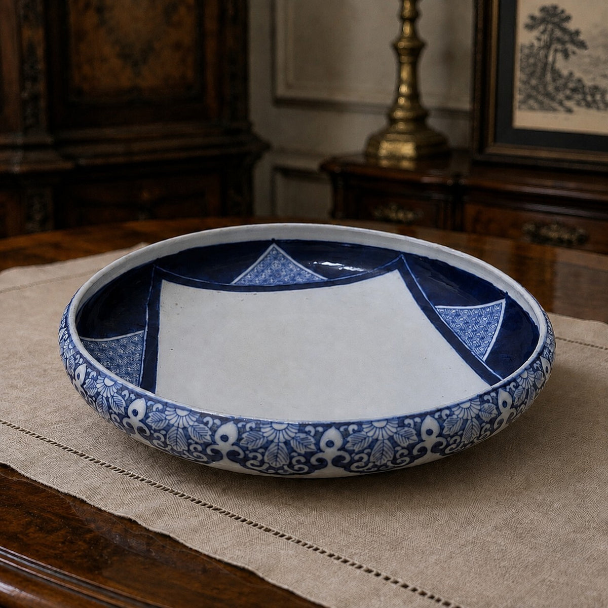 Antique Japanese Arita Blue and White Porcelain Bowl, Large 15 Inch Meiji Taisho Centerpiece
