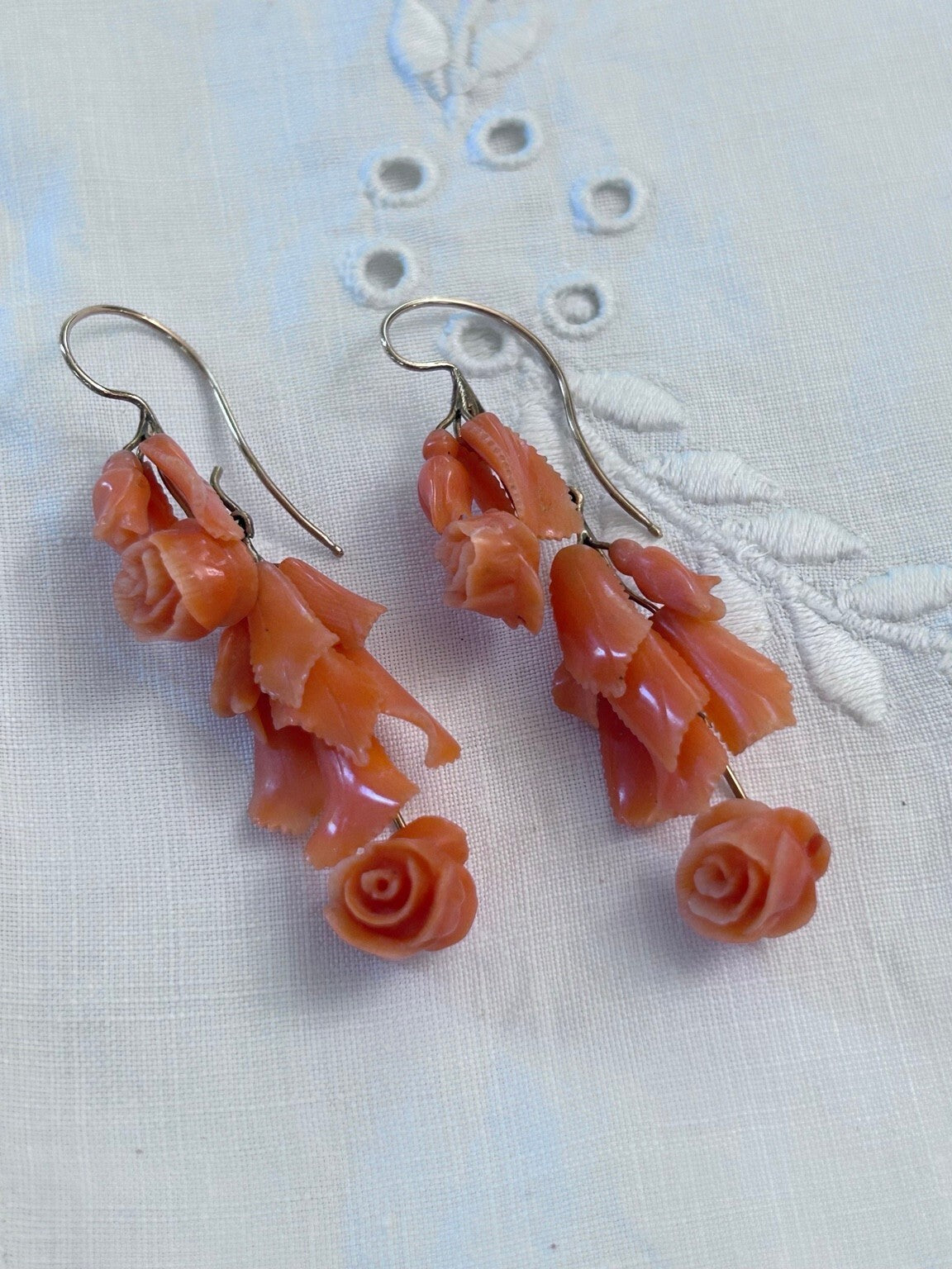 Victorian Carved Coral & 14K Gold Brooch and Earrings