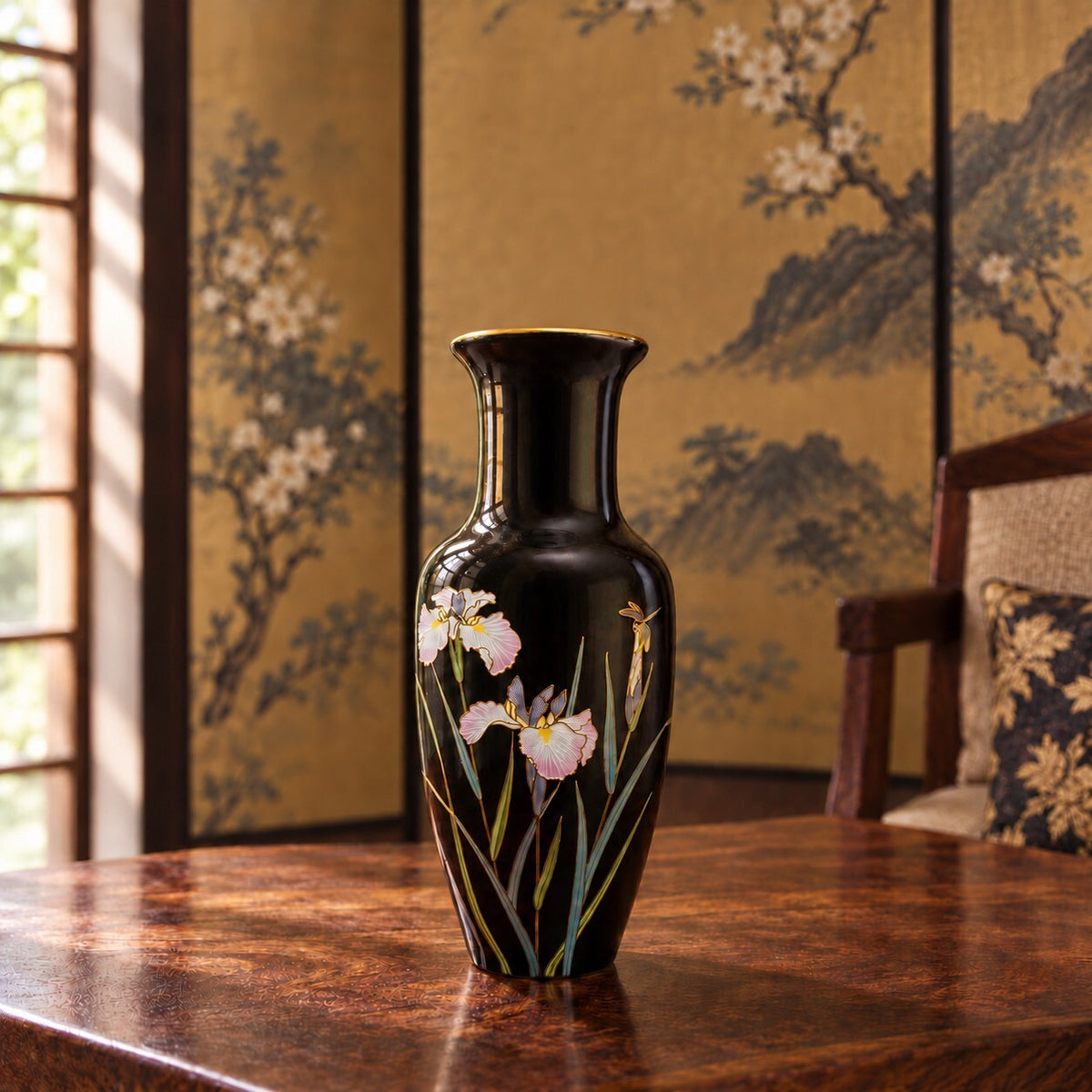 Vintage Kyoritsu Japan Black Iris Vase, 9.5 Inch