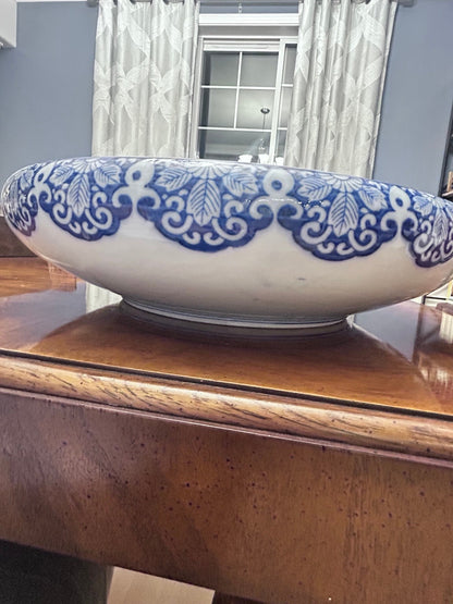 Antique Japanese Arita Blue and White Porcelain Bowl, Large 15 Inch Meiji Taisho Centerpiece