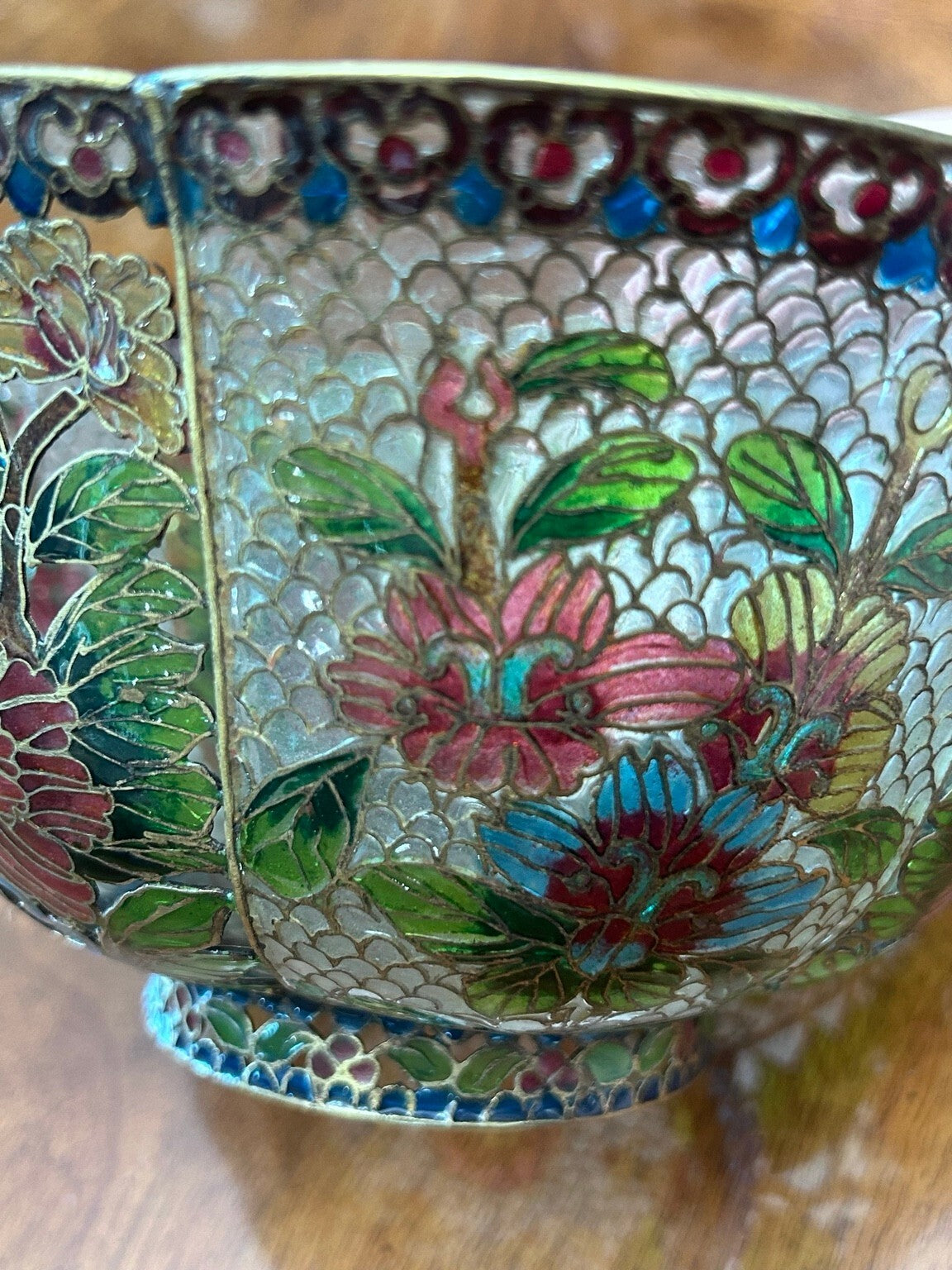 Vintage Chinese Plique-à-Jour Cloisonné Enamel Bowl, Large Floral Openwork