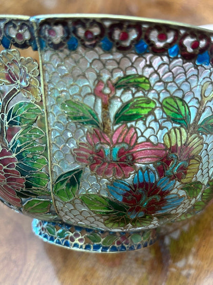 Vintage Chinese Plique-à-Jour Cloisonné Enamel Bowl, Large Floral Openwork