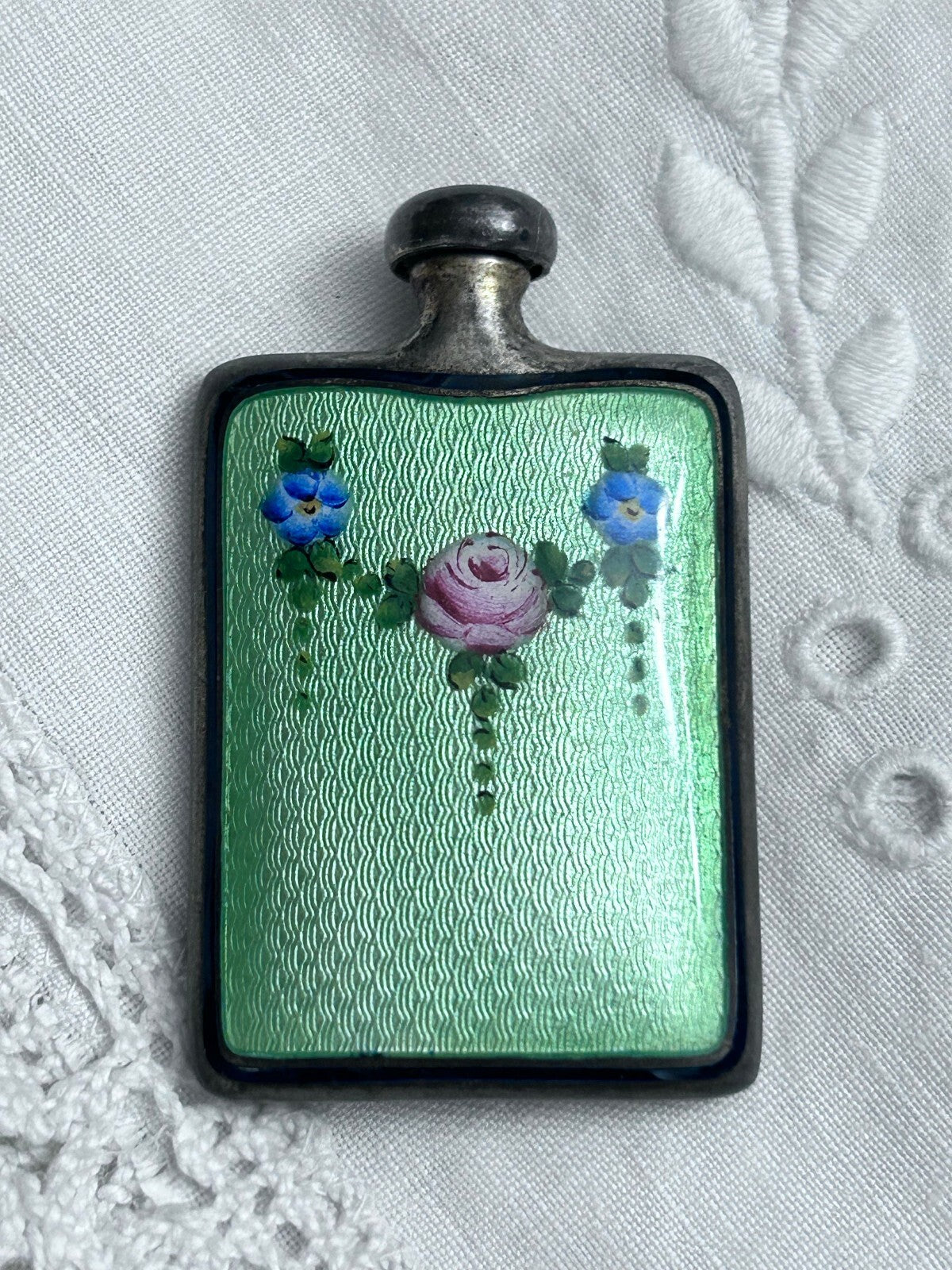 Sterling Silver Miniature Perfume Bottle with Green Guilloché Enamel