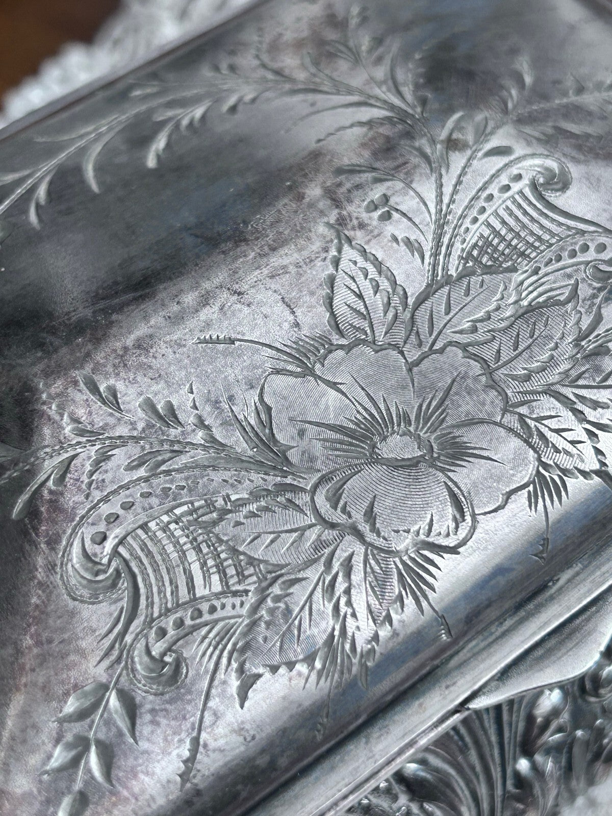 Antique James W. Tufts Boston Quadruple Plate Floral Box, No. 3227