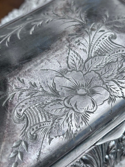 Antique James W. Tufts Boston Quadruple Plate Floral Box, No. 3227