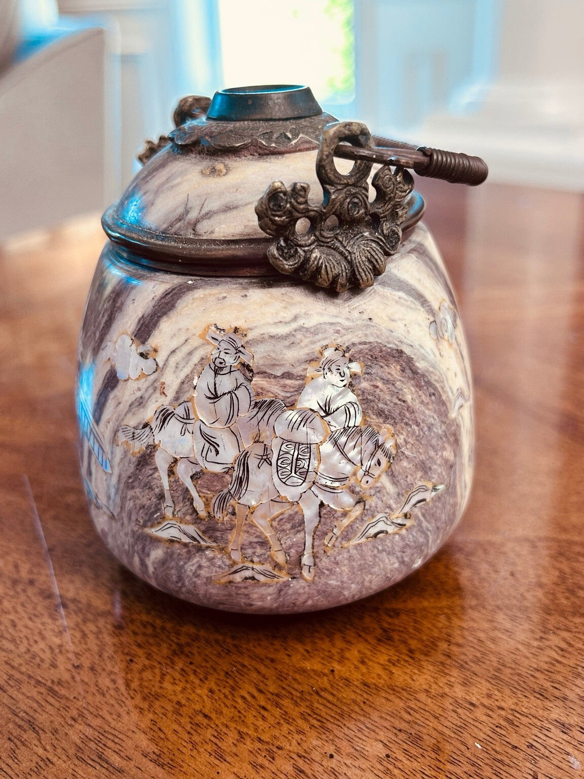 Chinese Inlaid Soapstone Jar, Mother-of-Pearl Landscape