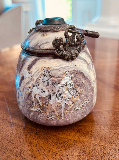 Chinese Inlaid Soapstone Jar, Mother-of-Pearl Landscape