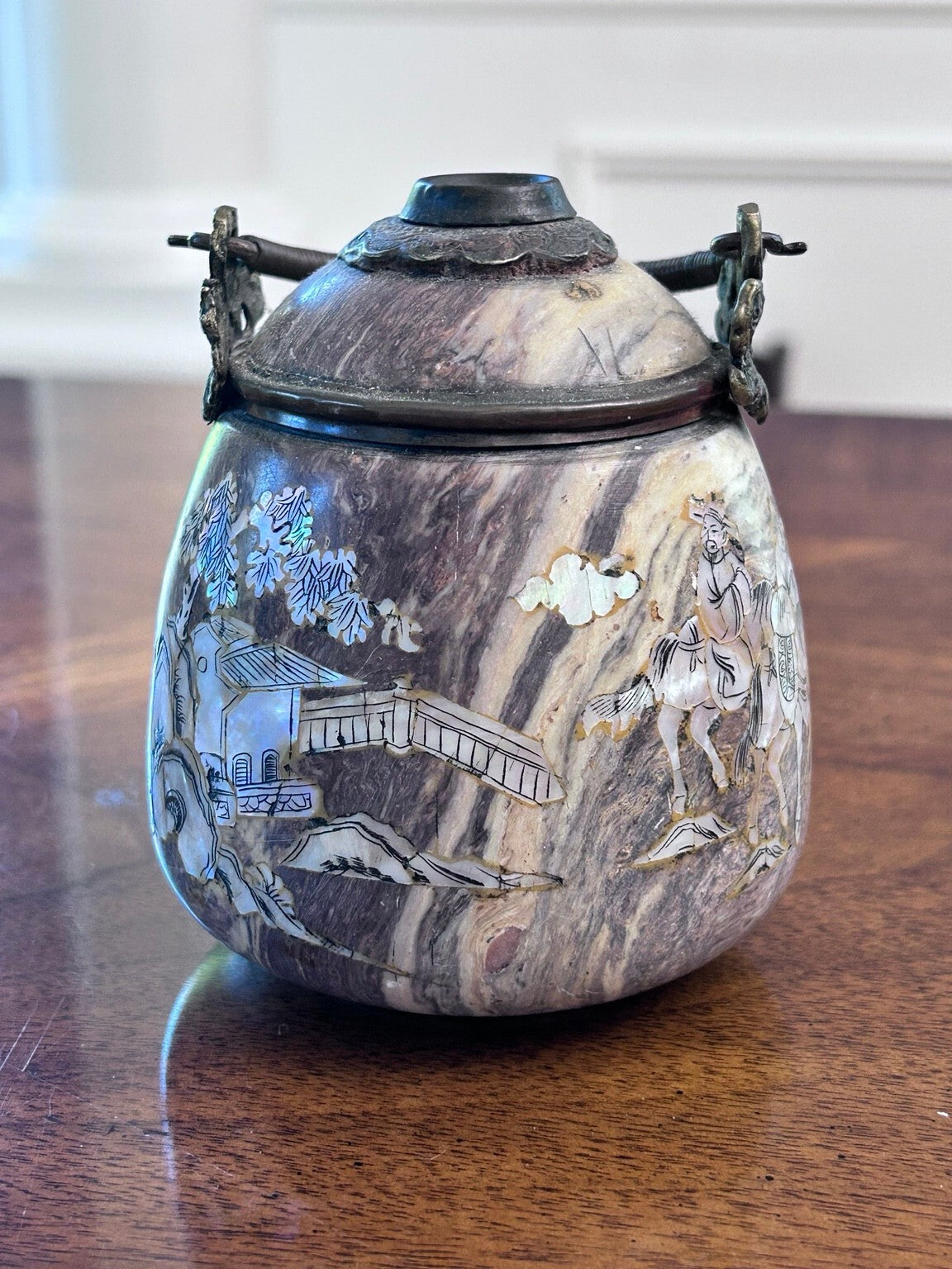 Chinese Inlaid Soapstone Jar, Mother-of-Pearl Landscape